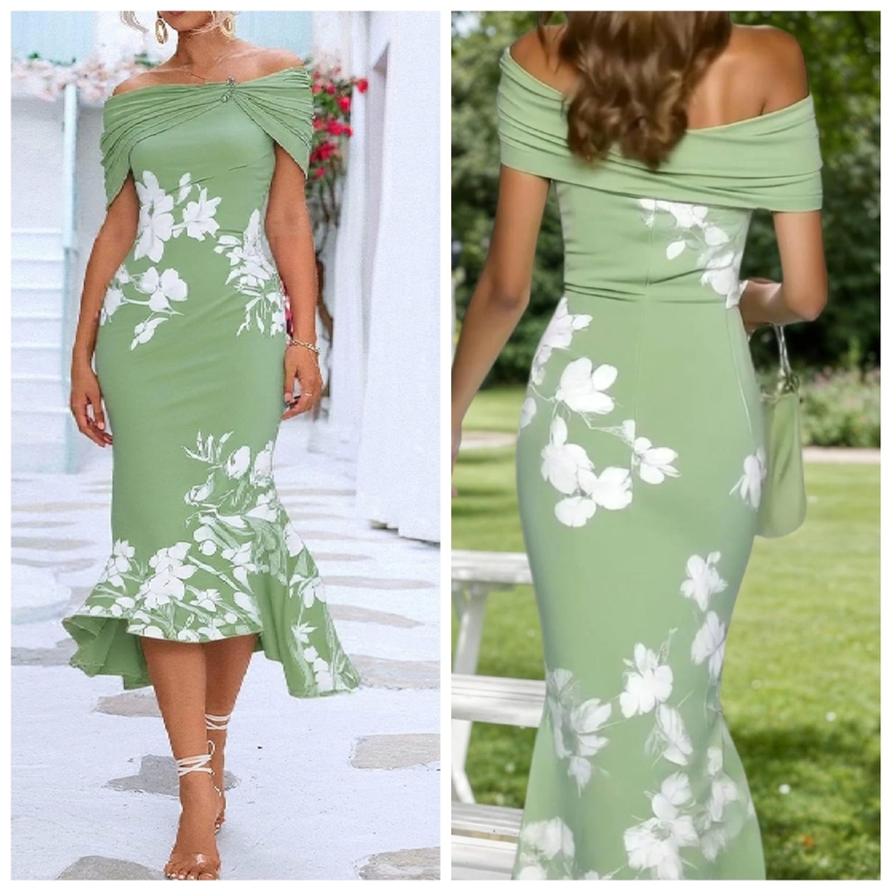 Chic One Shoulder Green Floral Dress